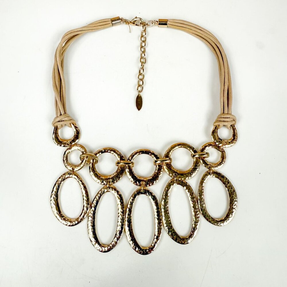 St Thomas Gold Tone Chunky Hammered Links Necklace  Leather Cords